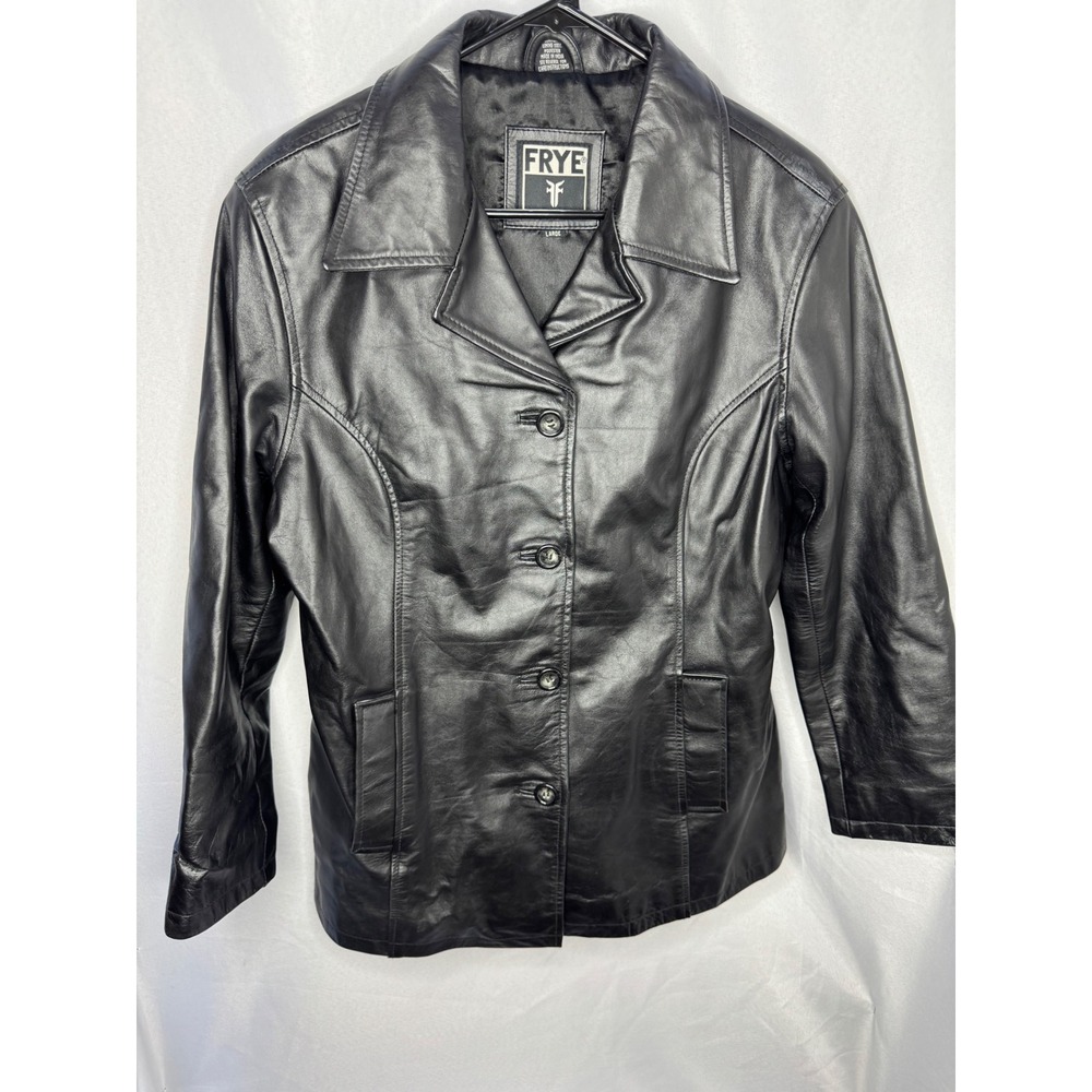 Frye Black Leather Jacket Womens Large Button Front Notched Lapel Blazer Coat